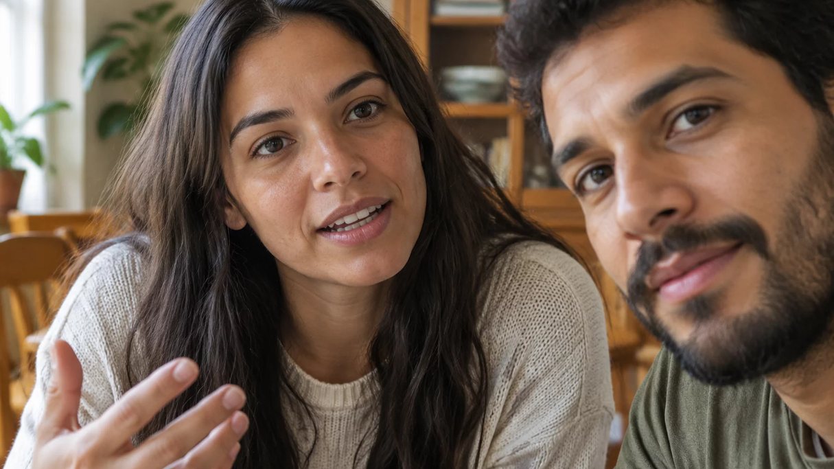 Duas pessoas frente a frente na mesa: uma sustenta a fala, a outra anota o que ouviu